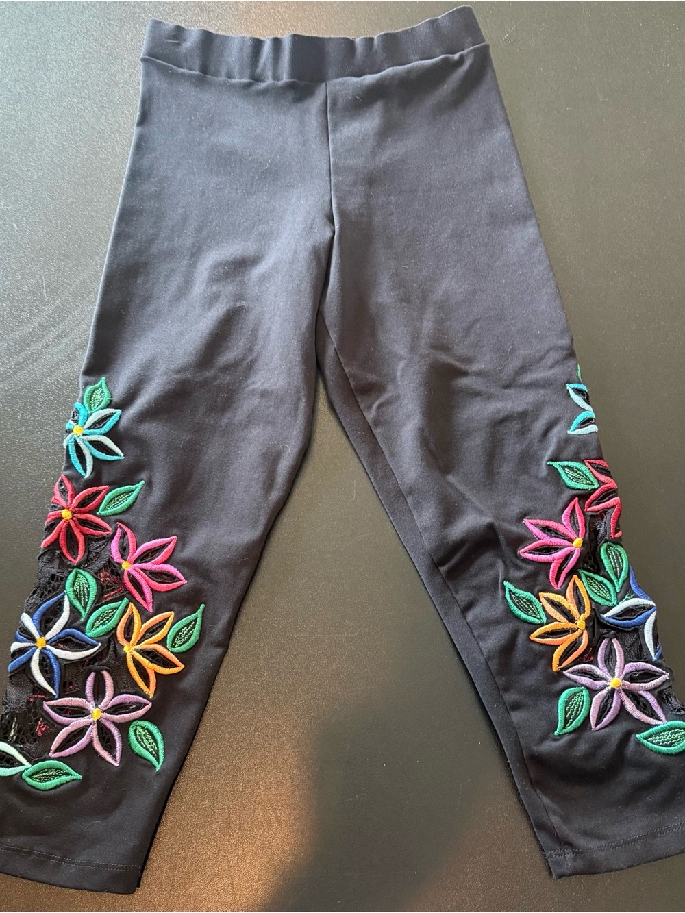 Brazier’s size XS Black Leggings with Colorful Floral Embroidery